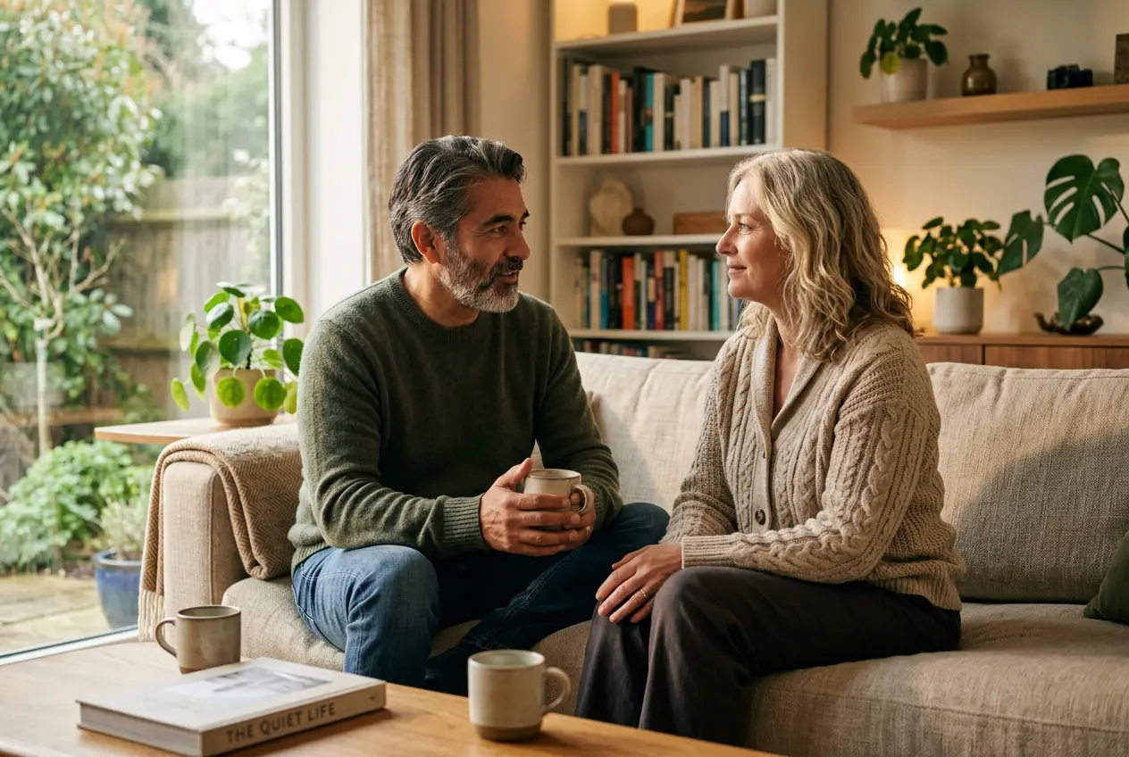 Pareja hablando de forma tranquila y expresando necesidades personales.