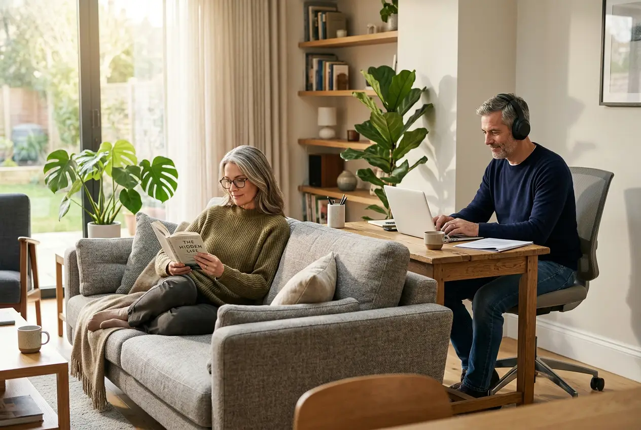 Pareja disfrutando tranquilamente de actividades diferentes en casa.