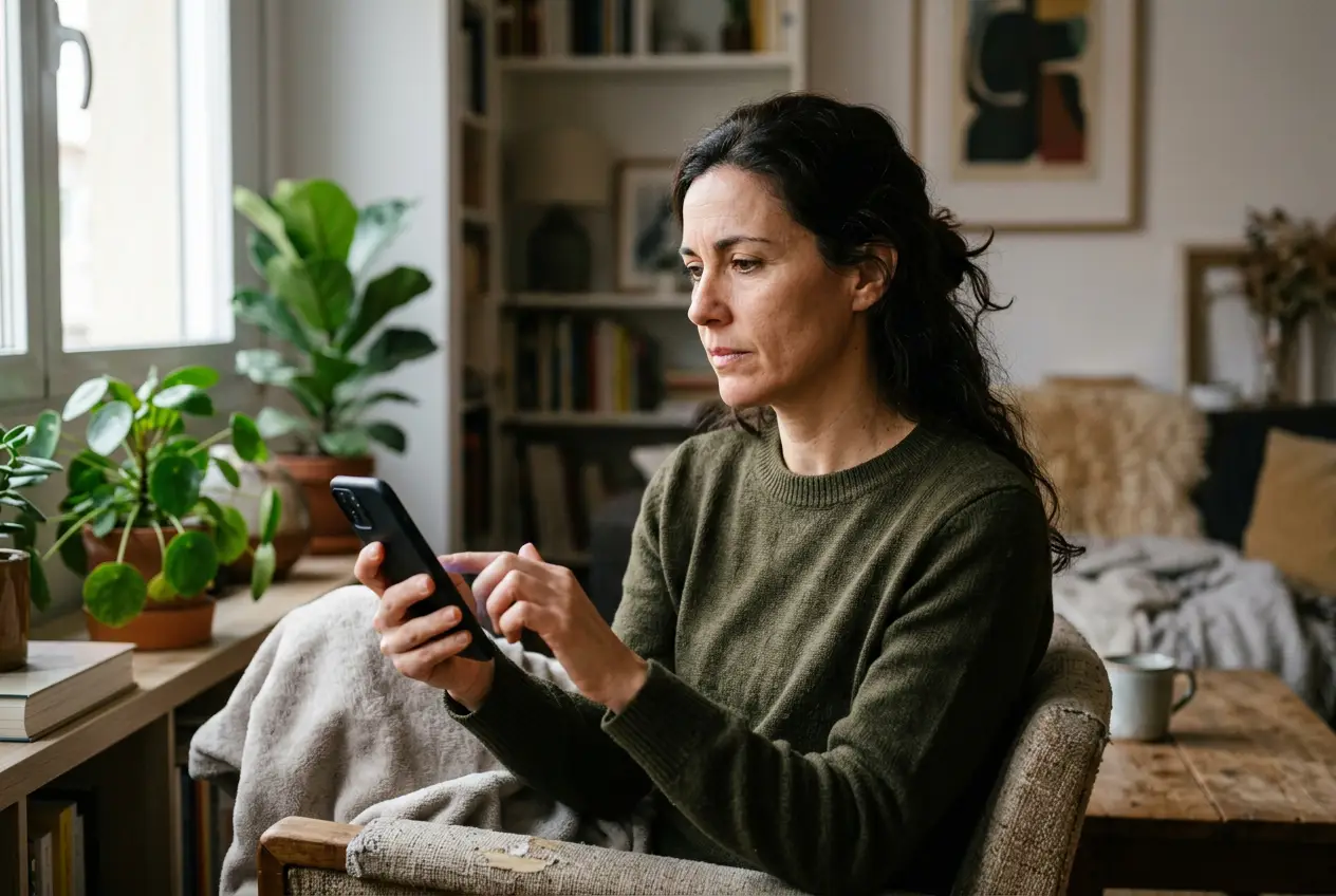 Mujer reflexionando antes de responder un mensaje en el móvil.