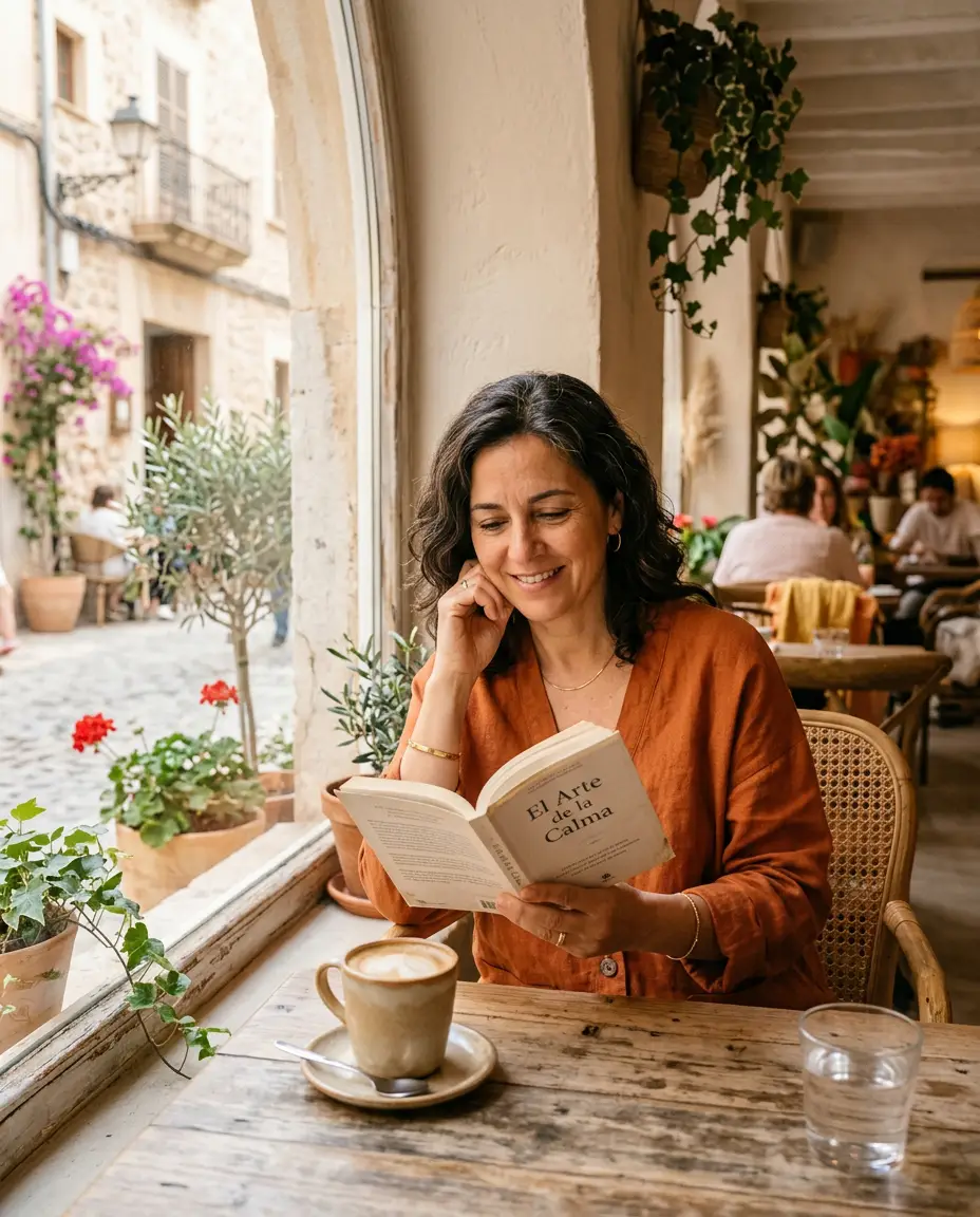 Mujer disfrutando de su tiempo personal de forma tranquila e independiente.